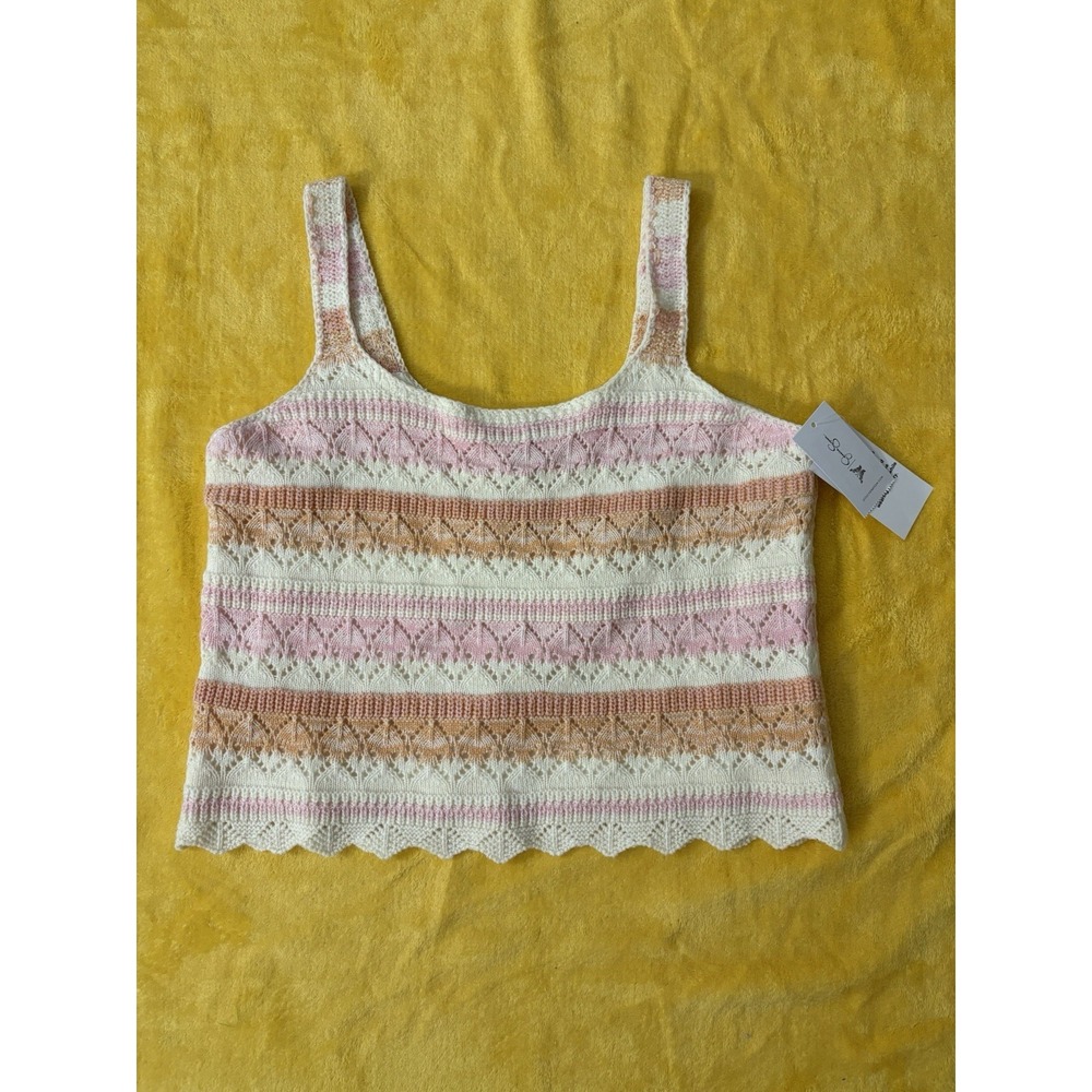 Jessica Simpson Women Tank Top Pink Tan Striped Pointelle Knit Scalloped M NWT